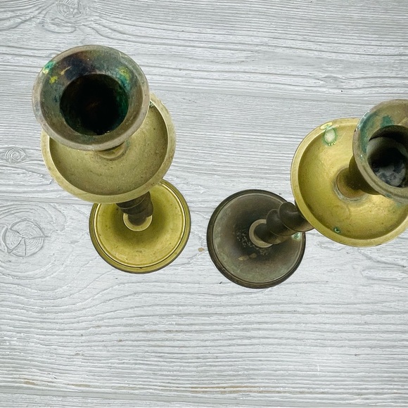 Vintage Set two brass gold tone candle sticks swirl twirl design mcm  decoration - Picture 5 of 7